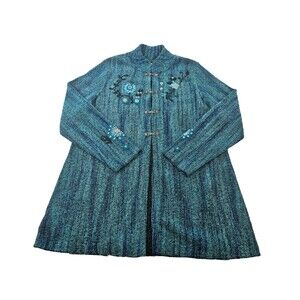 ALK Women's XL NorthStyle Teal Floral Embroidered Tunic Alpaca Blnd Cardigan EUC